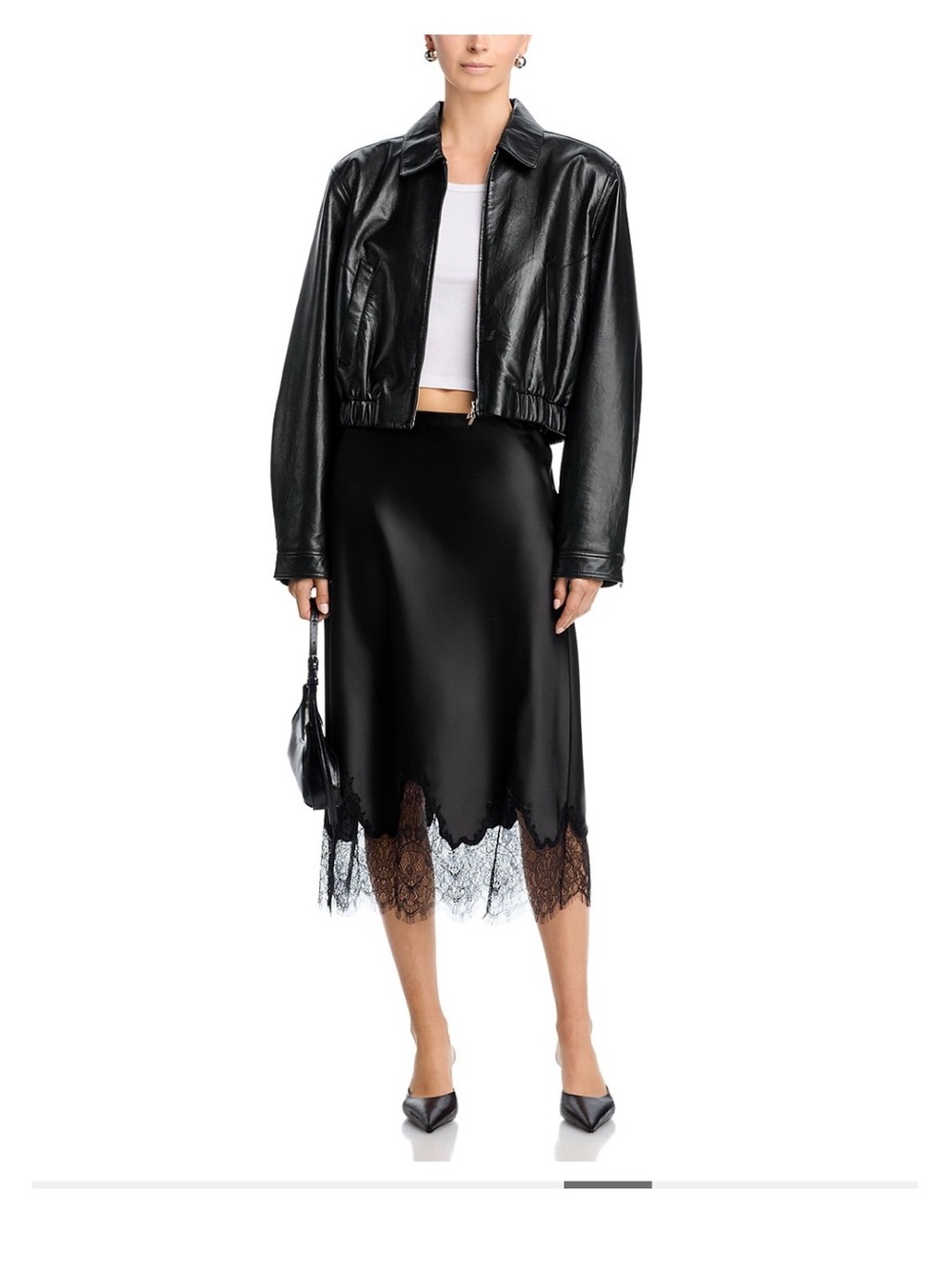 Aqua Black Satin Midi Skirt with Lace Hem